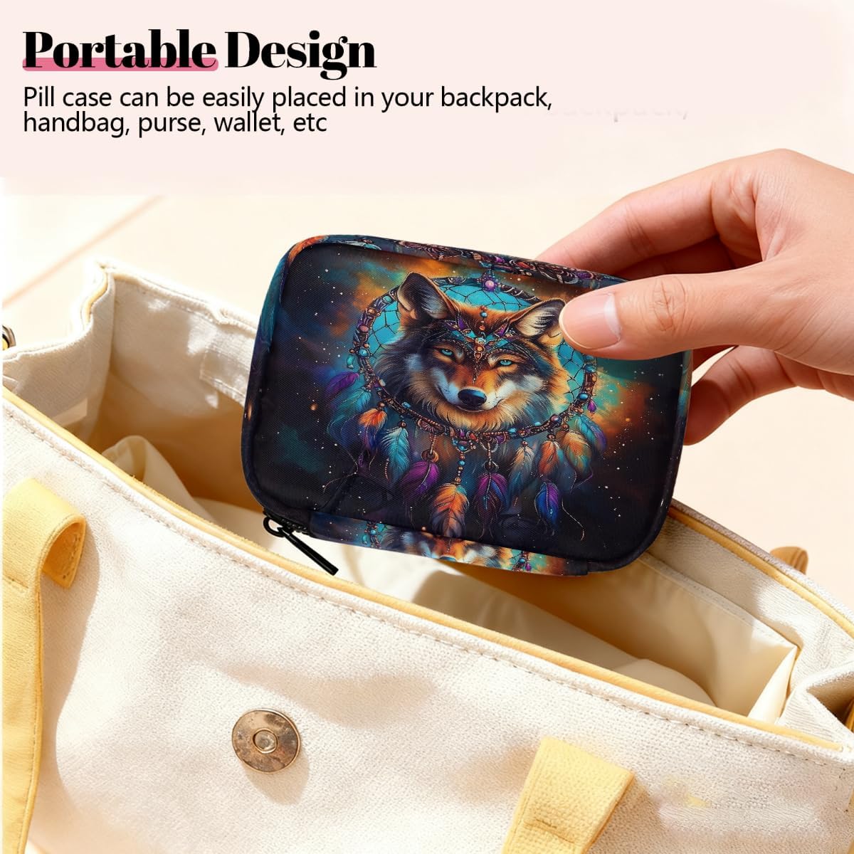 Majestic Wolf Dreamcatcher Pill Organizer Travel Medicine Case with Zipper Daily Vitamin Storage Bag Portable 8 Slot Weekly Pill Box Supplement Holder for Home Office Gym Travel