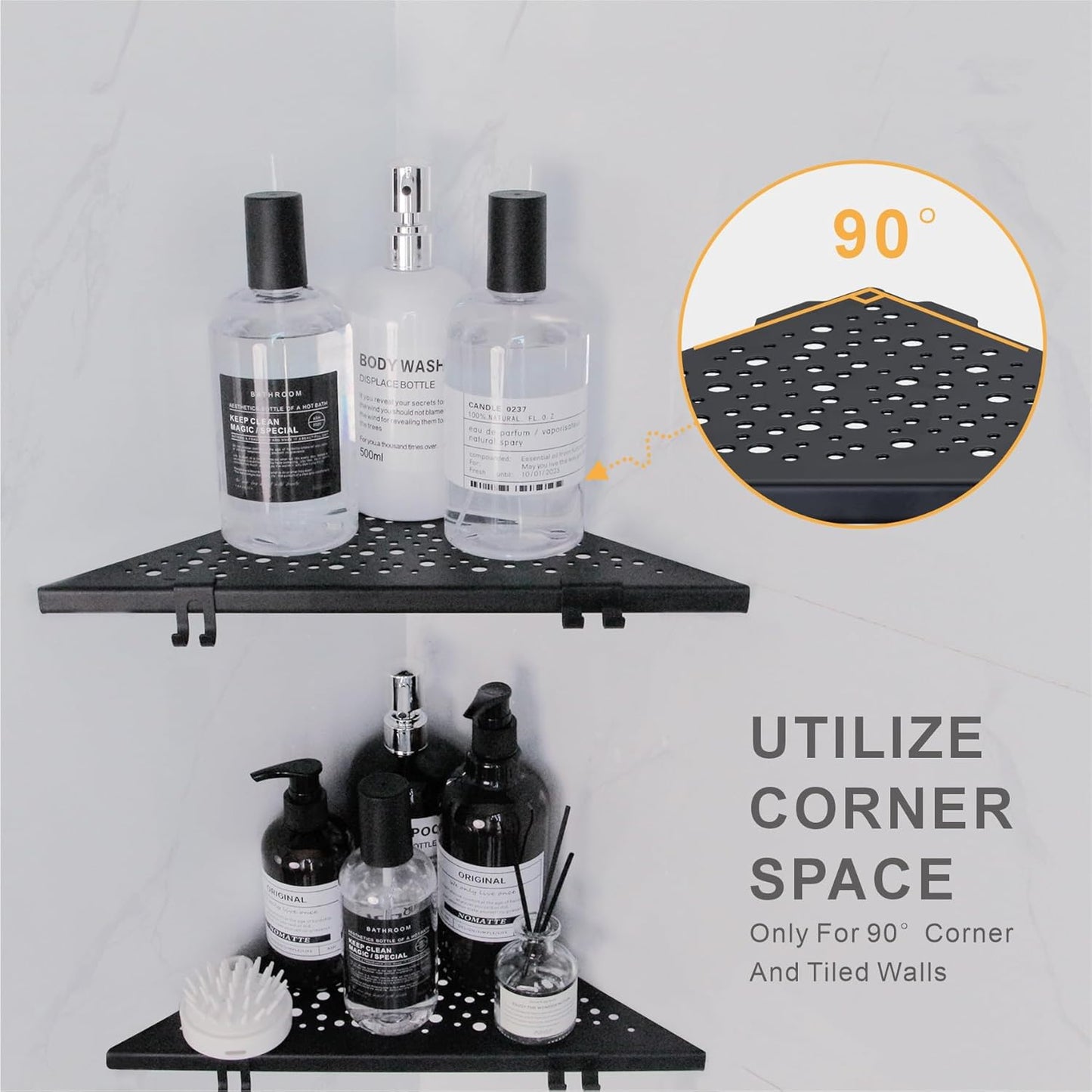 Corner Shower Shelf with 4 Hooks,10 Inch 304 Stainless Steel Recessed Bathroom Shelves,No-Drilling Installation for Tiled Wall,Matte Black, 2-Pack