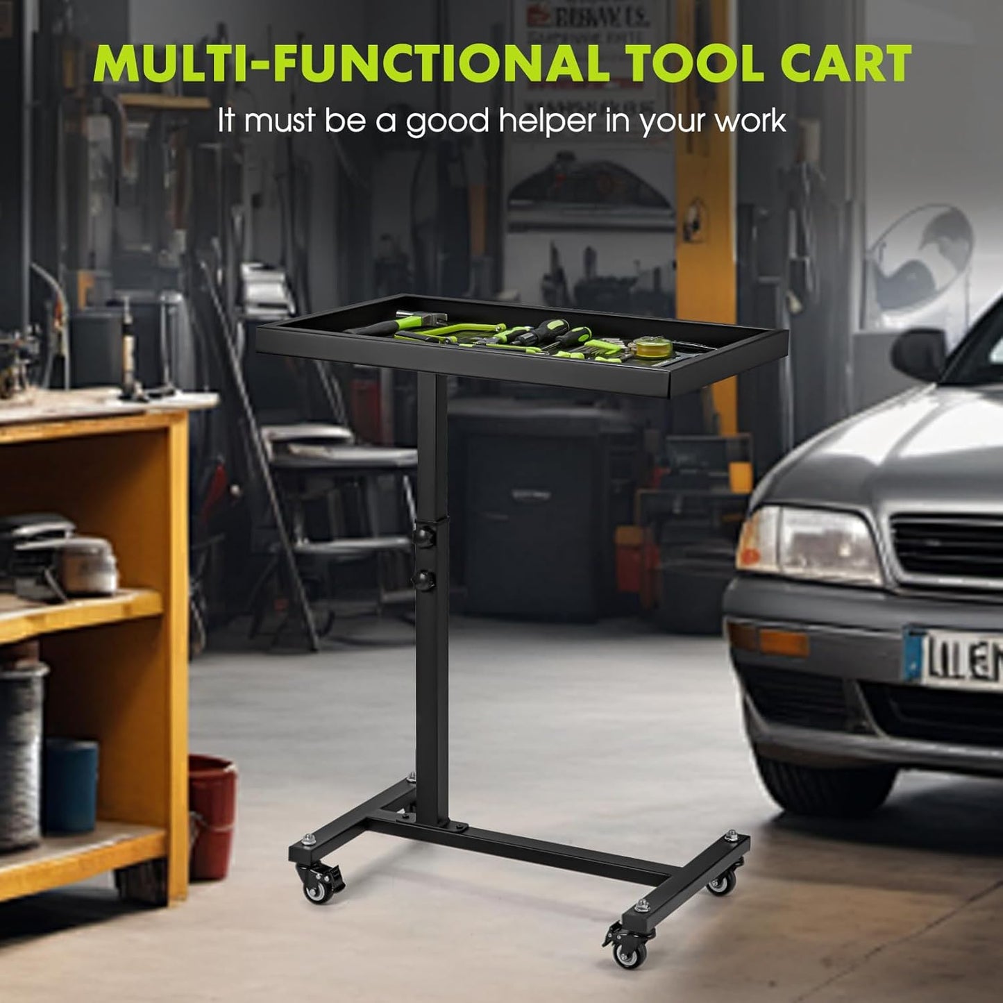 Adjustable Work Table with Wheels, Mechanic Rolling Tool Tray Table for Garage Repair Shops DIY, 220LBS Capacity Mobile Heavy Duty Steel Tool Cart (Black)