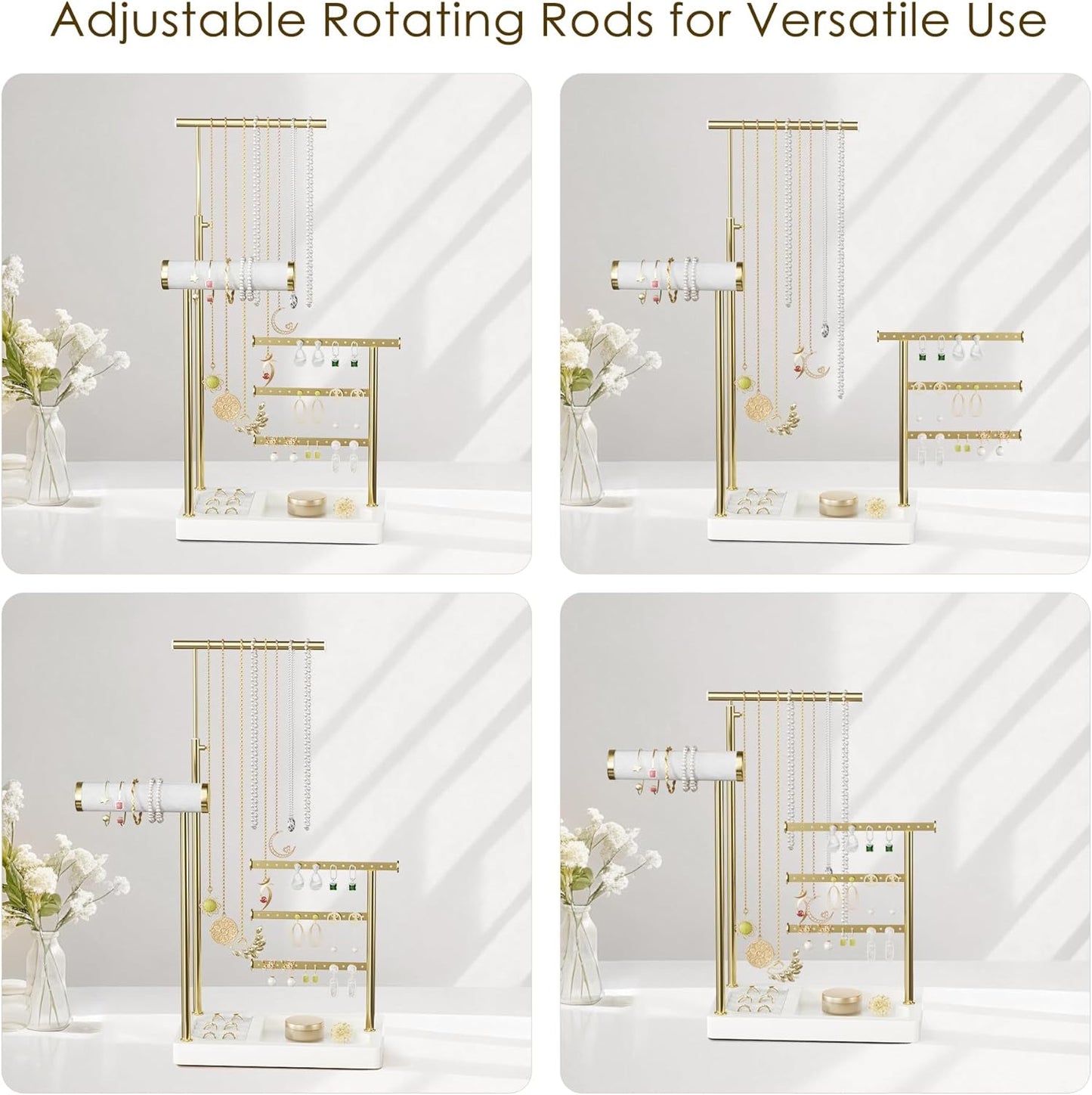SZQINJI 5 Tier Jewelry Holder Organizer, Gold Jewelry Stand with Velvet Bracelet Holder, Adjustable Height Jewelry Display for Necklaces, Bracelets, Earrings, Rings, Gift Idea for Women, White