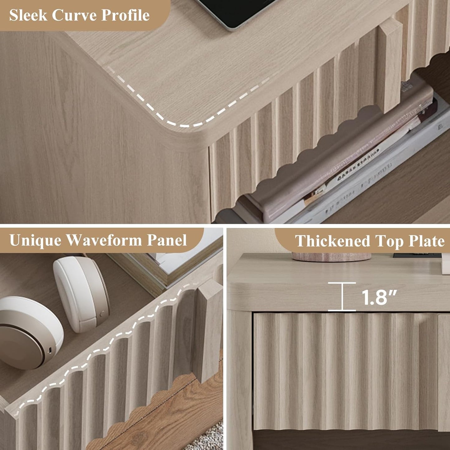 Fluted Nightstand with Charging Station, 23.6" End Table with Solid Wood Handle,Night Stand with Curved Profile Design, Mid Century Moden Bedside Table for Bedroom, Living Room, White Alder