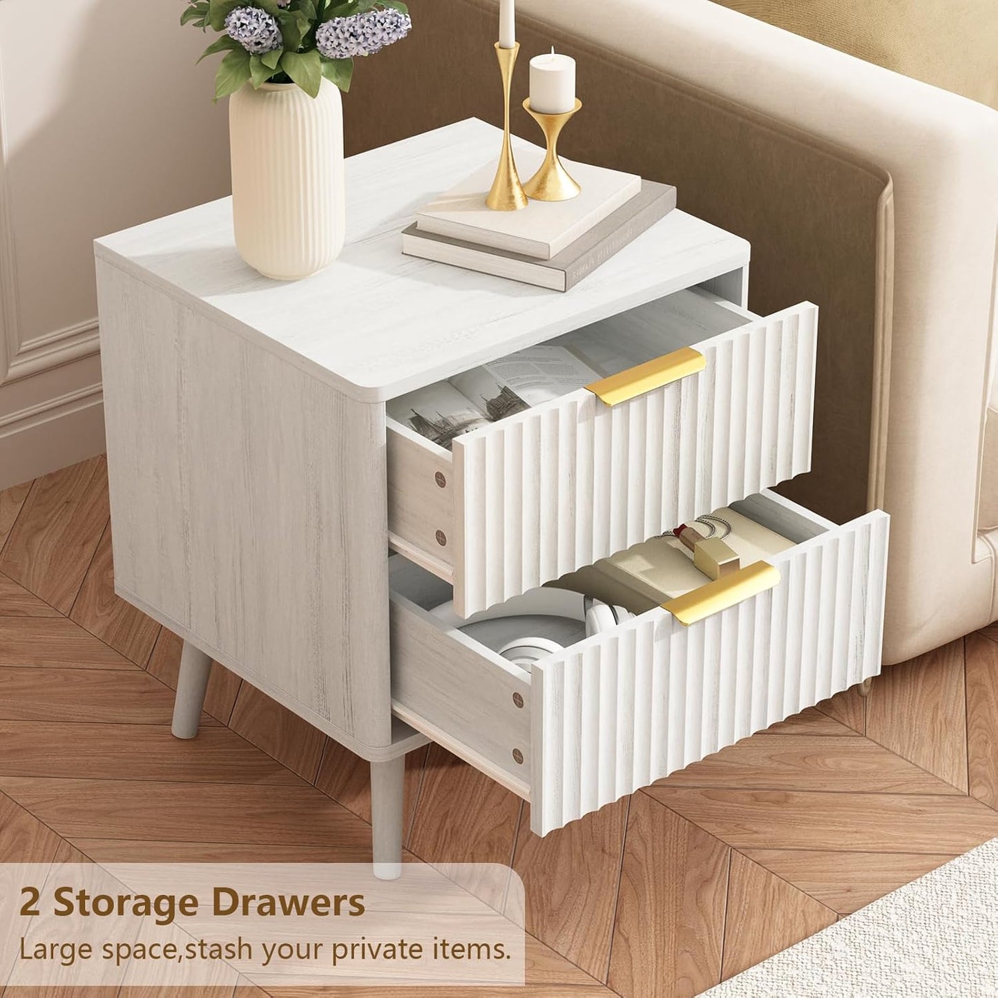 CARPETNAL Fluted Nightstand Set of 2, White Bedside Table with 2 Drawers and Gold Handles, Wood End Table Mid Century Night Stands for Bedroom Living Room