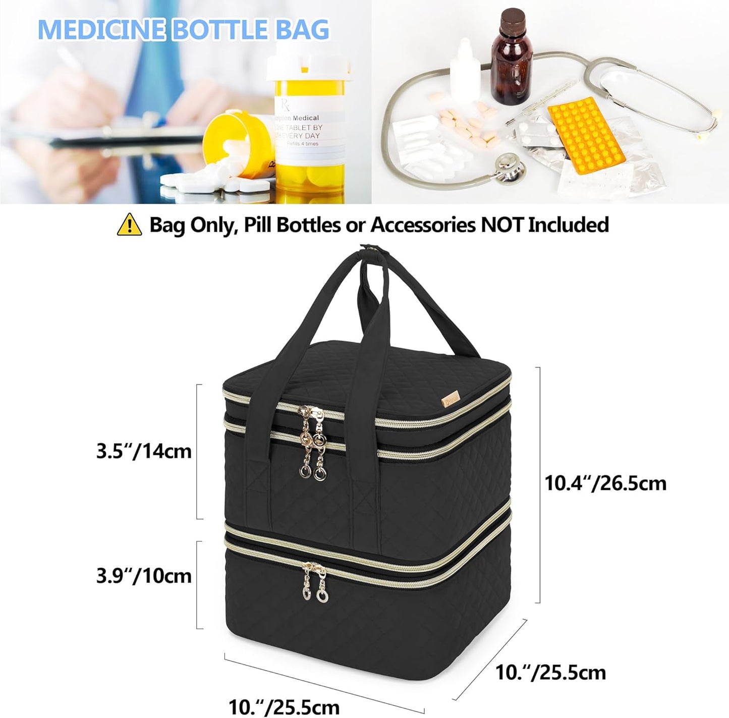 Yarwo Pill Bottle Organizer Storage Bag, 3 Layers Medicine Travel Case Empty with Demountable Design and Dividers for Pills, Potions, Vitamins and Emergency First Aid Supplies, Black (PATENT DESIGN)