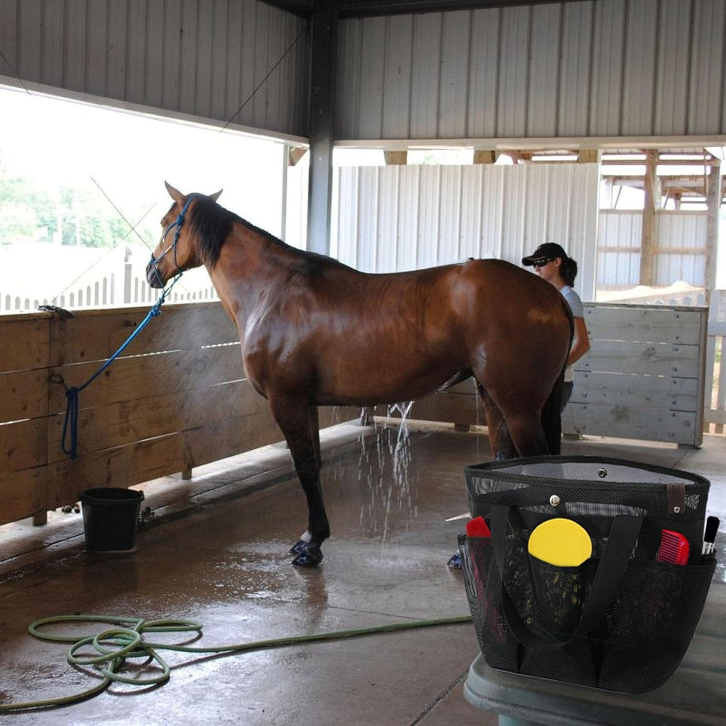 Mesh Horse Grooming Tote Bag Breathable Waterproof, 6 Pockets Horse Grooming Kit Tool Bags, Horse Cleaning Caddy Box for Cleaning Supplies, Pet Grooming Organizer for Horse Dog Goats, Black