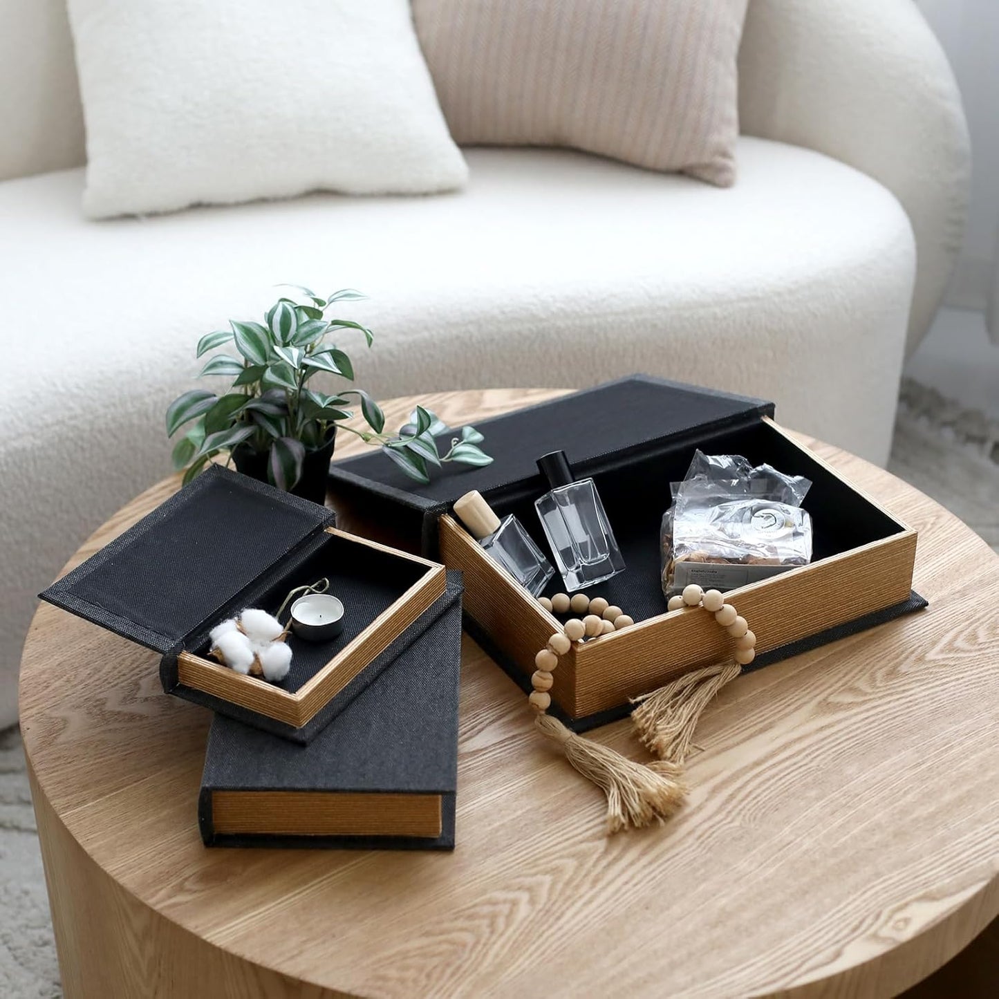 Modern Linen and Wood Decorative Faux Book Boxes Set of 3-13",10",8" - Black