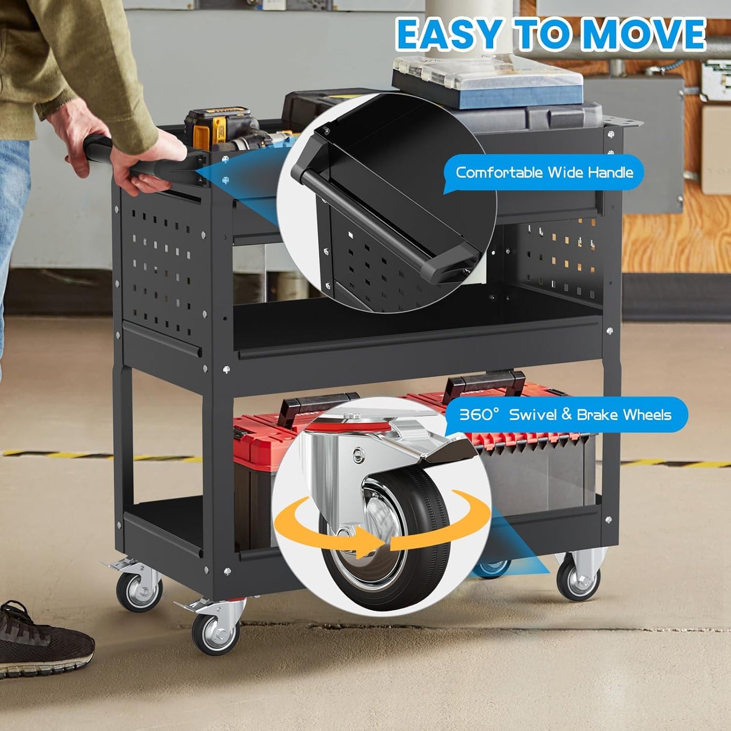 3 Tier Heavy Duty Tool Cart, Mechanic Metal Rolling Tool Cart 900 Lbs Work Cart with Locked Drawers & Pegboard for Garage Workshop