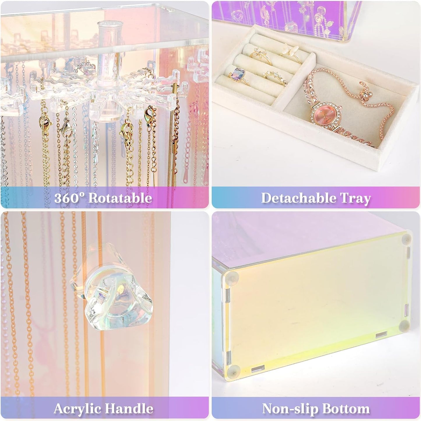 Cirhy Iridescent Necklace Holder Organizer for Women & Girls, Rotating Acrylic Jewelry Display Stand with Velvet Tray, Dustproof Necklace Organizer Box, Great Gift for Her