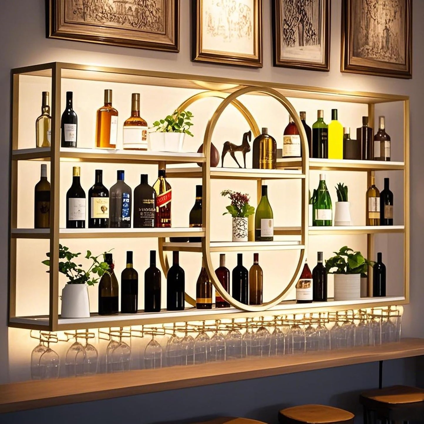 Large Wall Mount Wine Rack, Metal 4 Tier Large Capacity Hanging Bar Rack with Wine Glass Holder, Oval Wine Bottle Storage Display Rack for Kitchen, Living Room, Home (Gold, 120cm/47.2in)