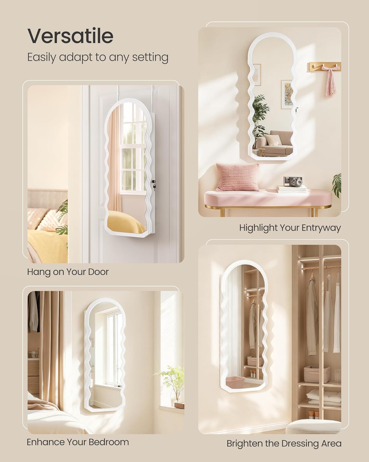 SONGMICS Mirror Jewelry Cabinet Wall Mounted Over the Door, Hanging LED Jewelry Organizer, Lockable Wavy Wide Mirror with Storage, Interior Lights, 3.9 x 16.5 x 42.5 Inches, White UJJC031W01