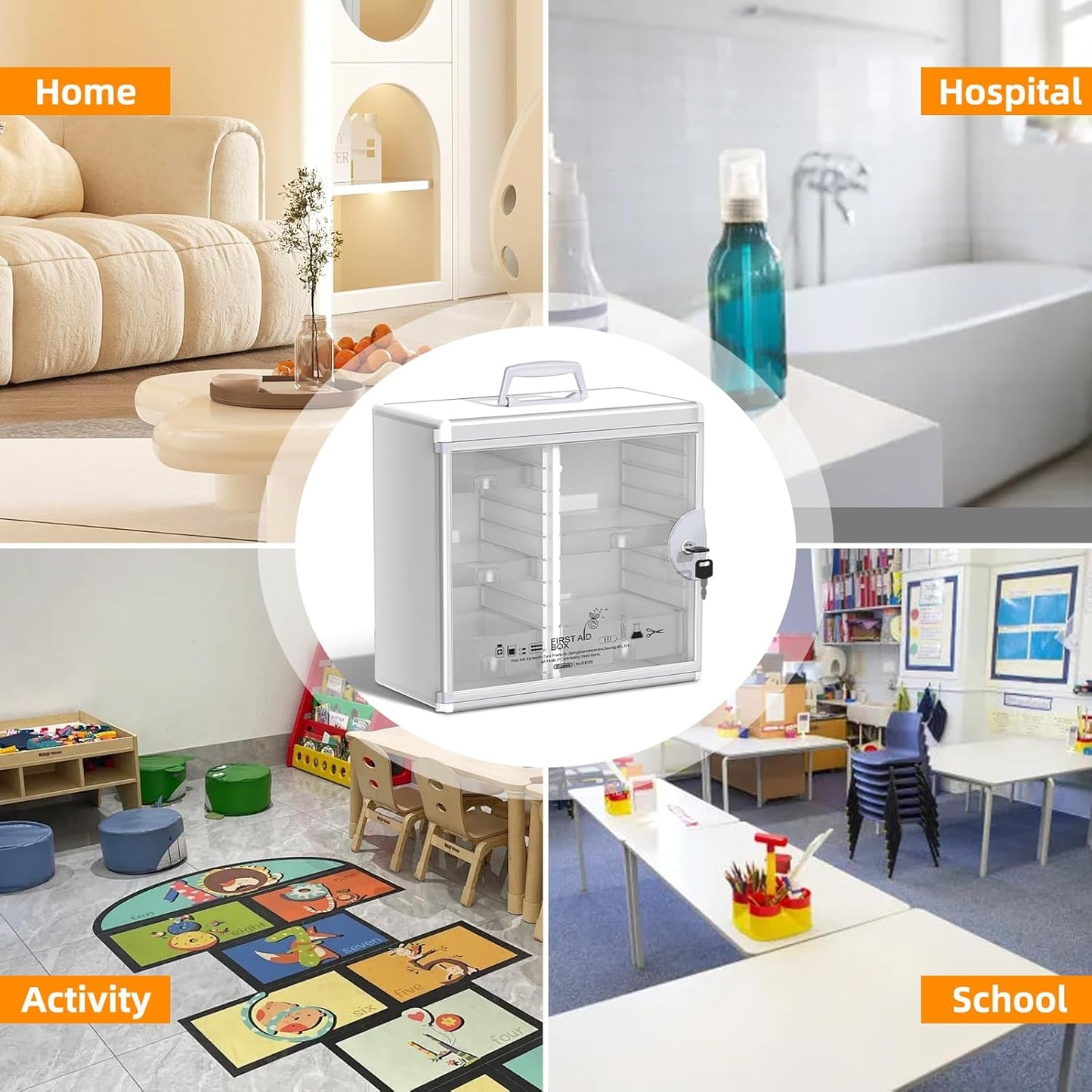 Glosen Medicine Cabinet Locking Medicine Cabinet Wall Mounted【 Silver 13.6 x 13.4 x 6.5 Inch 】 Portable Storage Container Big Capacity