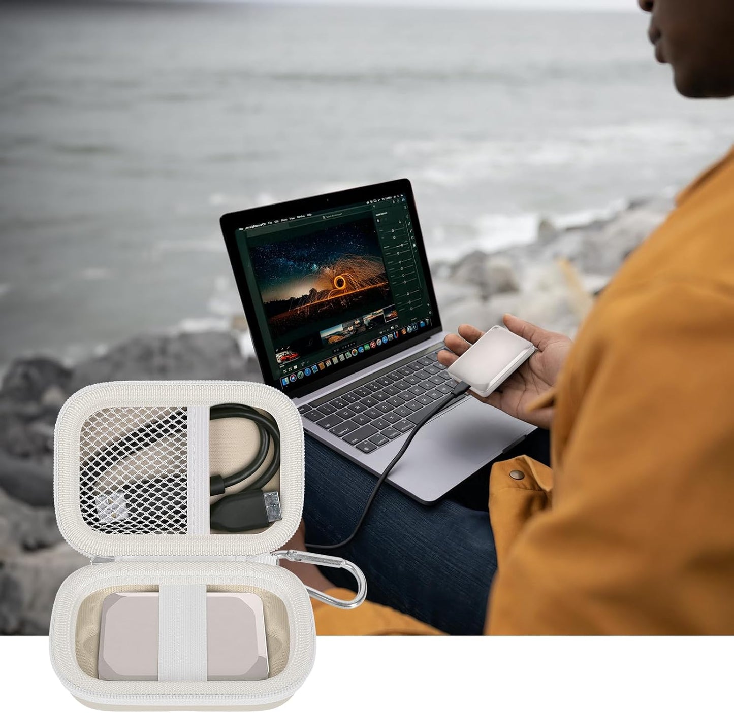 Carrying Case Compatible with Crucial X10/ X9 Pro 4TB/ 2TB/ 1TB Portable SSD, External Solid State Drive Hard Storage Holder Bag Fits for USB-C Cable (Box Only) (Beige)