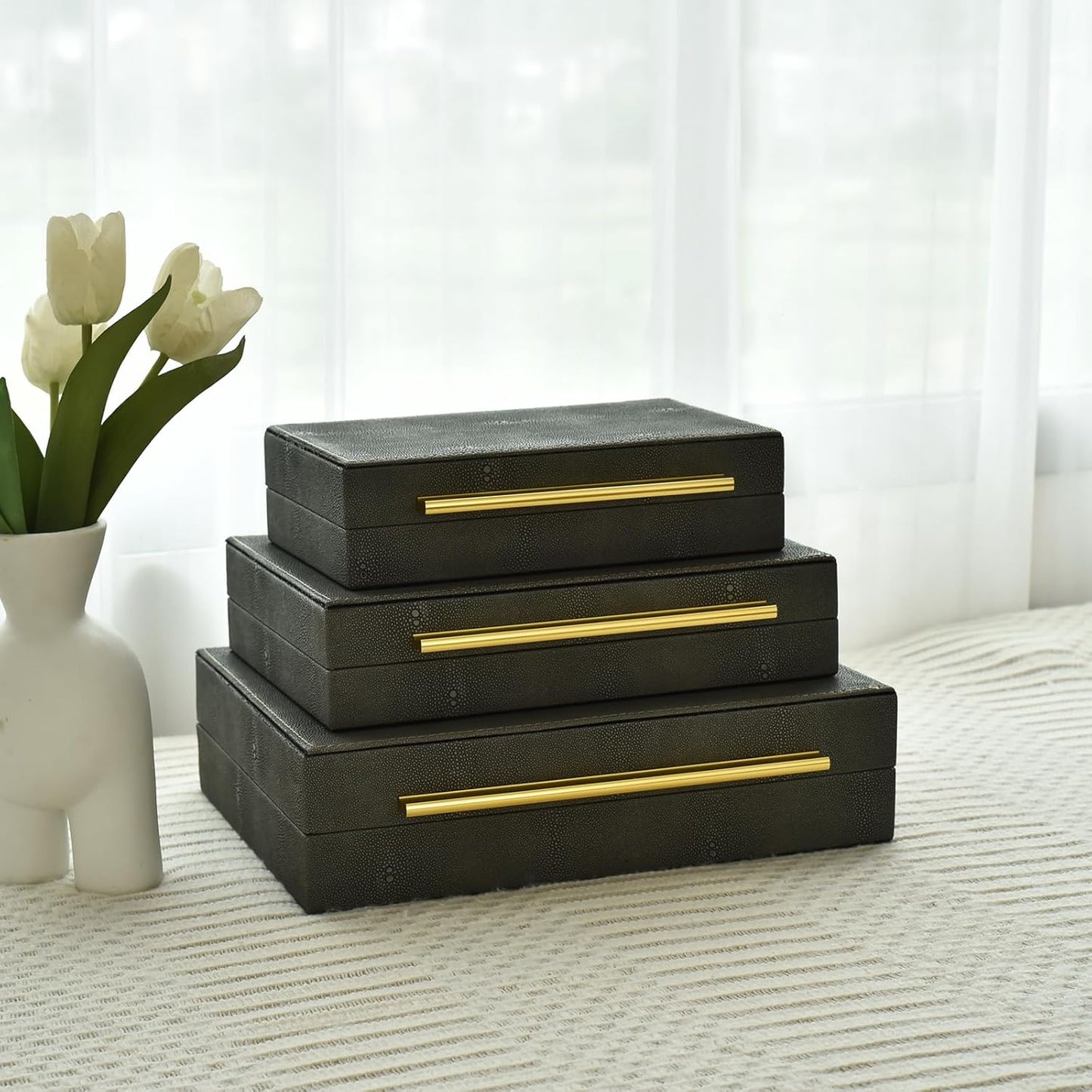 Faux Shagreen Leather Jewelry Storage Boxes Set of 3 with Gold Handles, Velvet Lined Stackable Organizer for Women, Vanity, Dresser, Gift, Grey