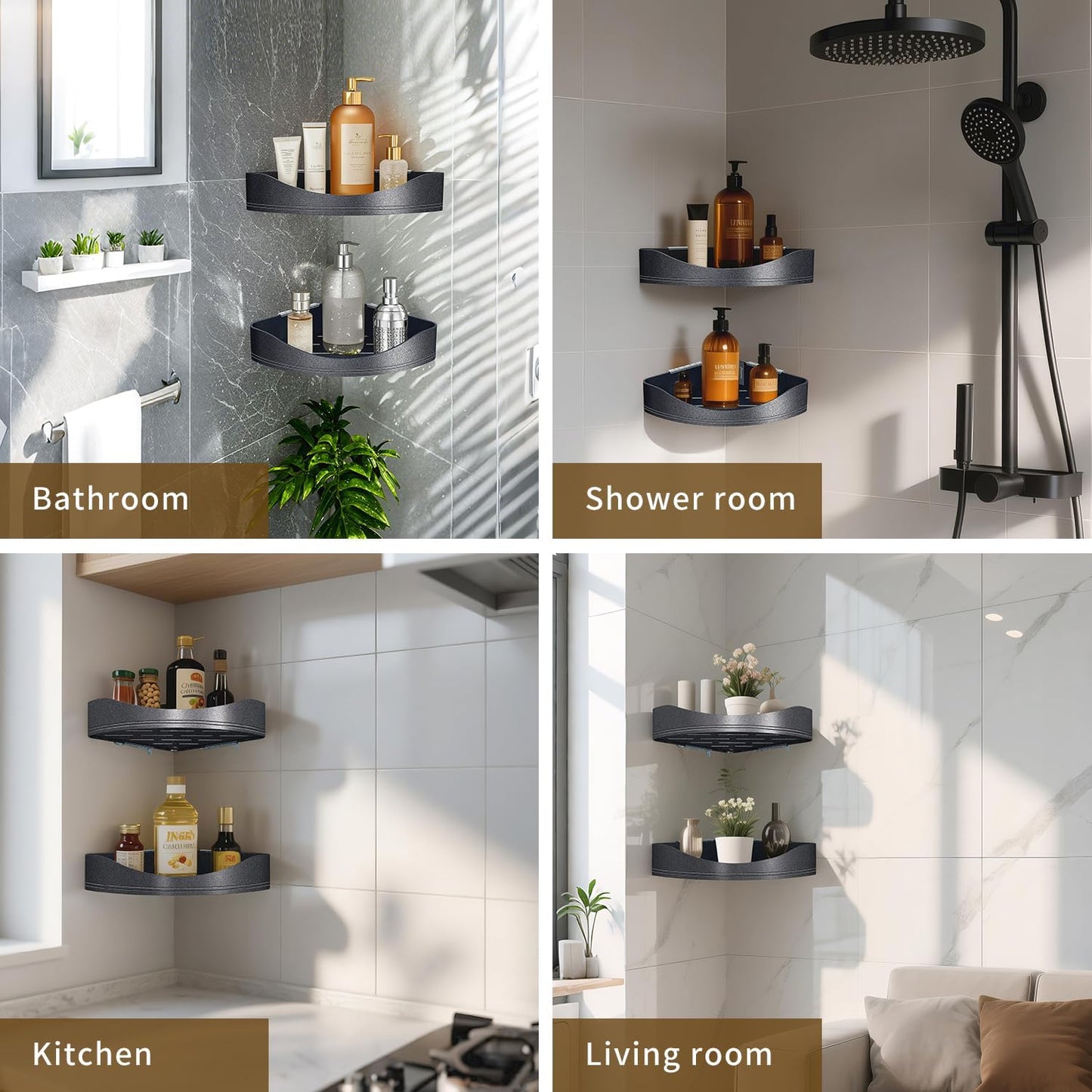 Luxury Corner Shower Shelves, 2-Tier Corner Caddy Organizer for Bathroom Toilet Kitchen, Rustproof Metal Shower Shelf Holder (Black)
