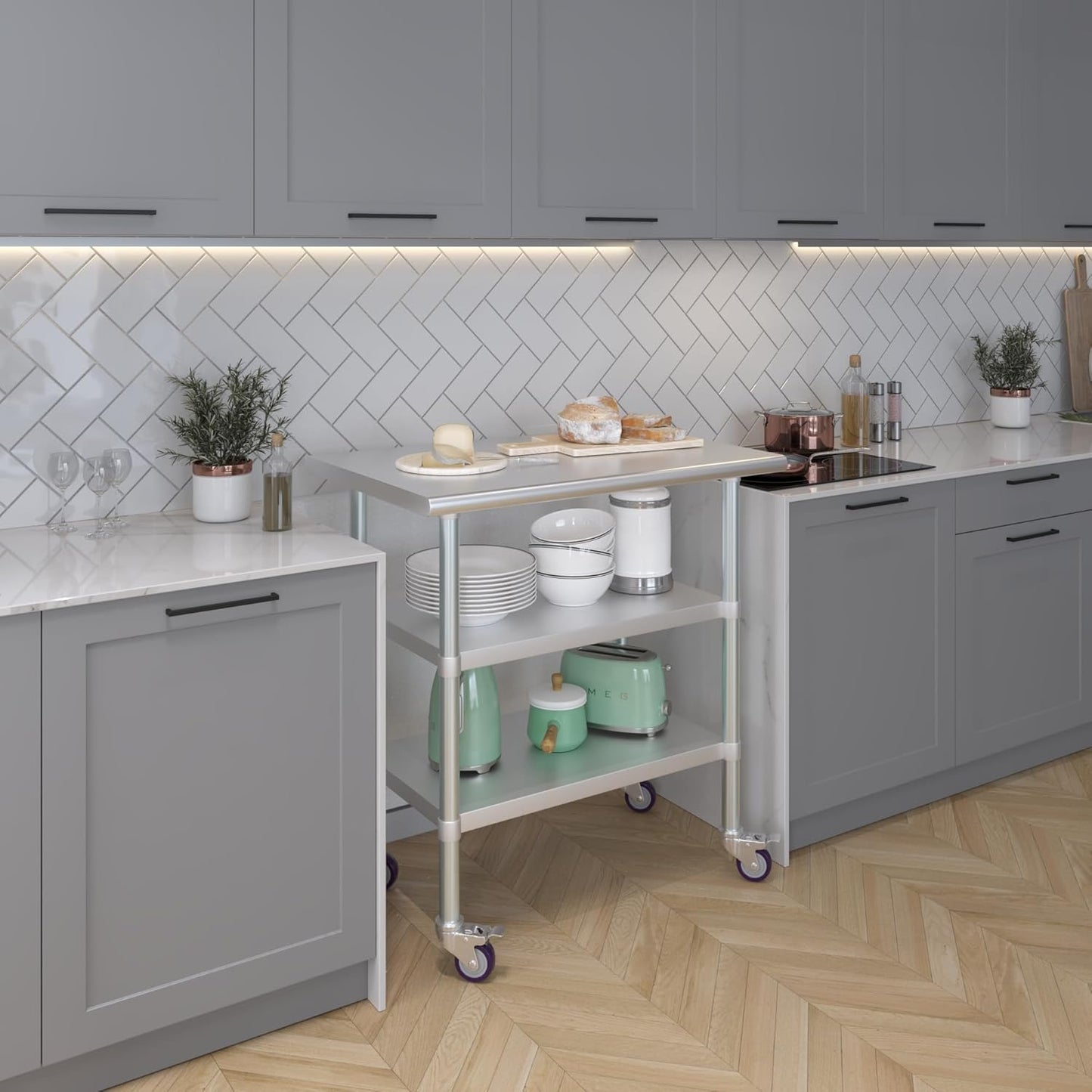 AmGood Stainless Steel Work Table with 2 Shelves and Casters | Metal Utility Table On Wheels (Stainless Steel Work Table with 2 Shelves + Casters, 36" Long x 24" Deep)