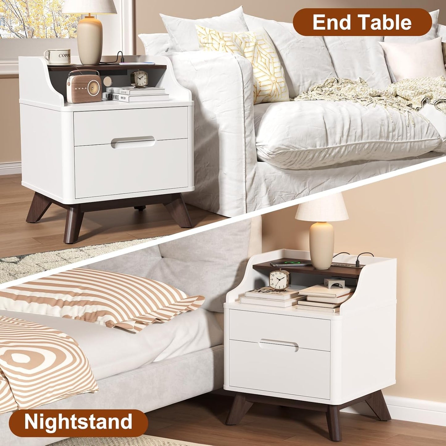 Nightstand with Charging Station, 21" Tall Nightstand w/2 Storage Drawers, Wood Night Stand with Hidden Handle, 17'' Wide Modern Bedside Table for Bedroom, White