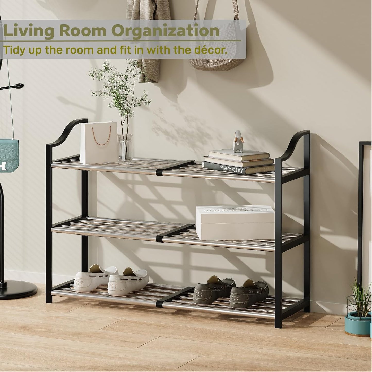 3-Tier Shoe Rack Expandable Shoe Rack for Closet Small Shoe Storage Rack for Entryway Adjustable Shoe Shelf for Small Space, Metal Shoe Organizer for Garage, Front Door Entrance