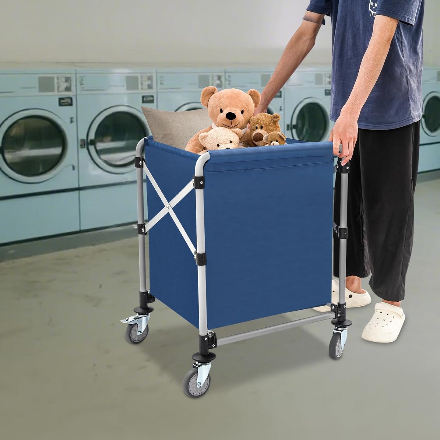 Commercial Laundry Cart with Wheels,Folding Laundry Hamper Cart,Heavy Duty Rolling Laundry Basket with Large Capacity,Laundry Sorter Trolley for Home Hotel Apartment (Blue, 23.62 * 19.69 * 23.62in)