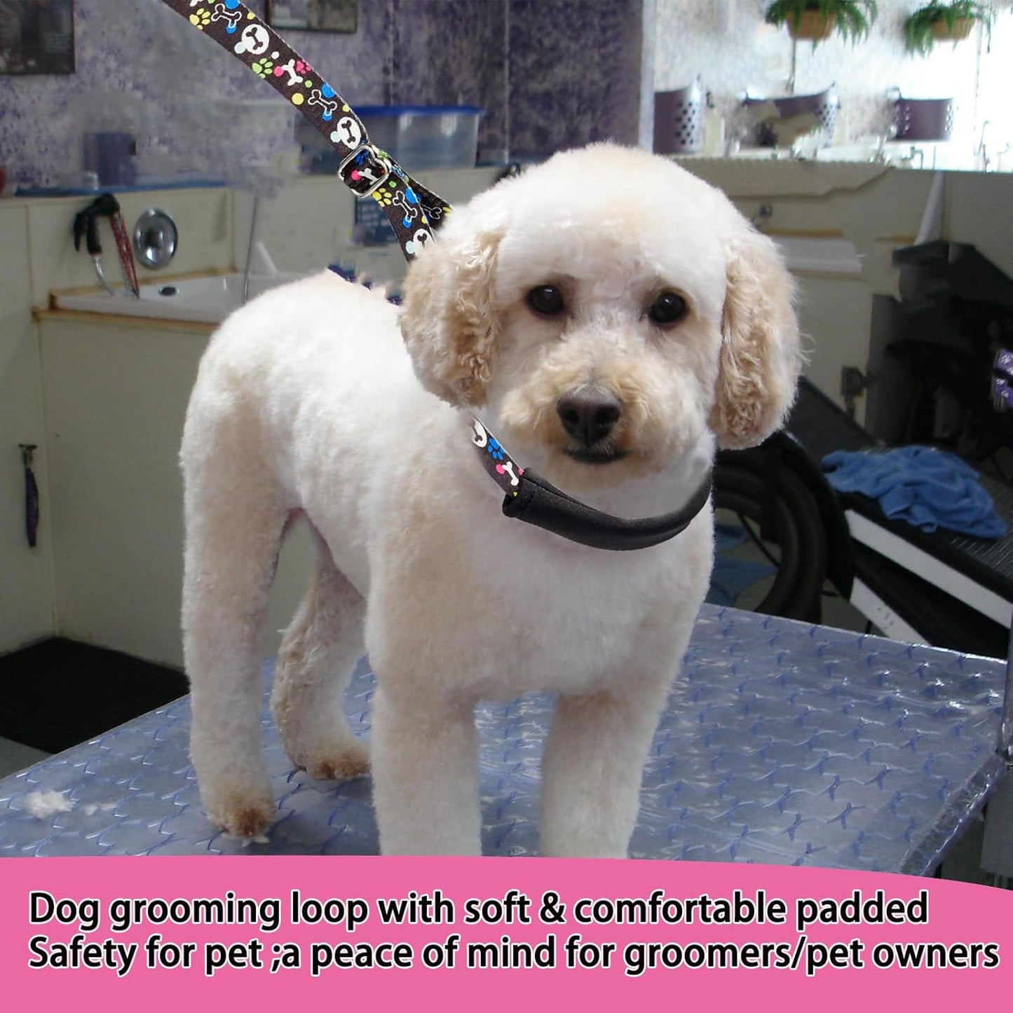 Dog Grooming Belly Straps – Adjustable Grooming Loops with Cute Paw & Bone Pattern – Pet Grooming Belly Support Band Table Accessories Restraint Noose for Small to Large Dogs(Black)