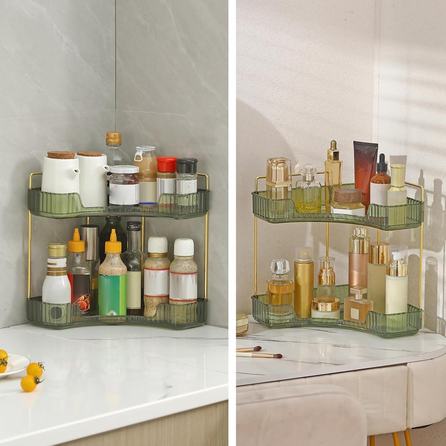 Corner Bathroom Countertop Organizer, Vanity Trays for Counter, Makeup Organizers, Perfume Tray, Kitchen Spice Rack, (Green, 2 Tiers)