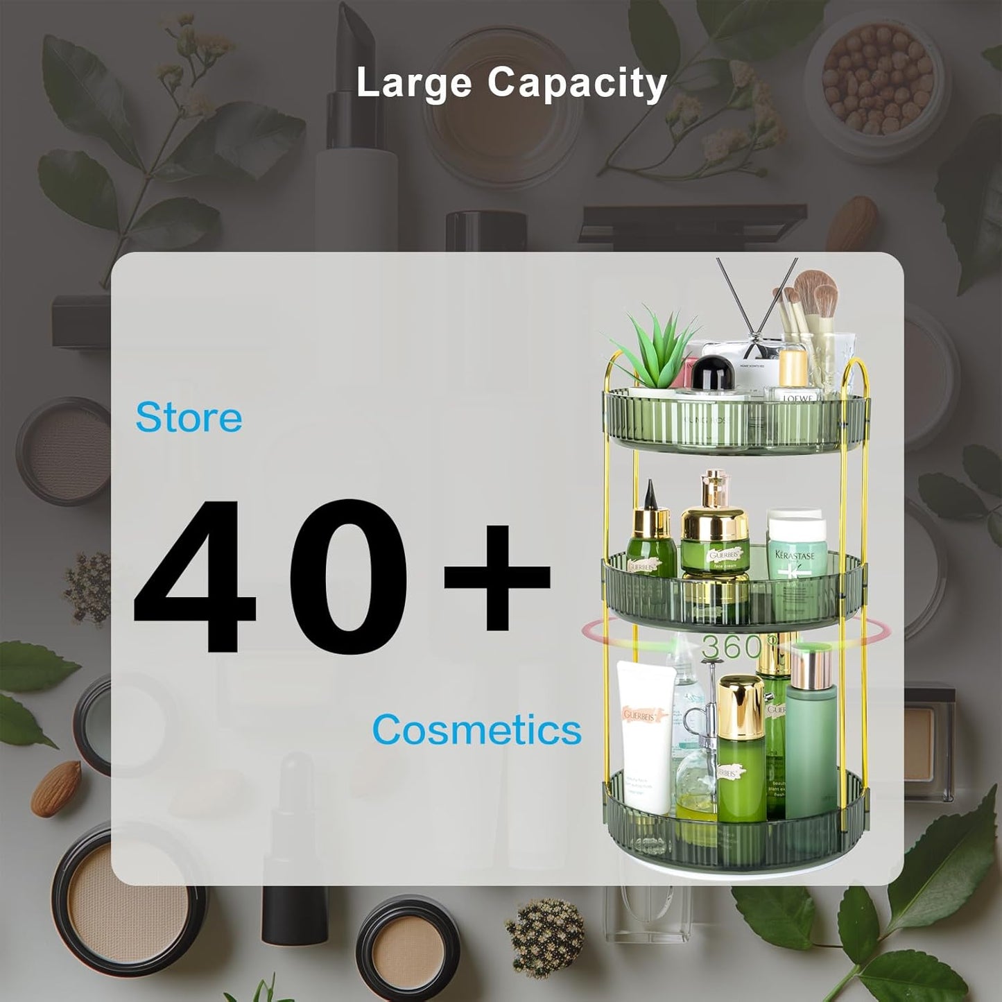 360 Rotating Makeup Organizer - Large Capacity Spinning Perfume & Cosmetic Skincare Holder for Vanity & Countertop (Gem Green, 3 Tier)