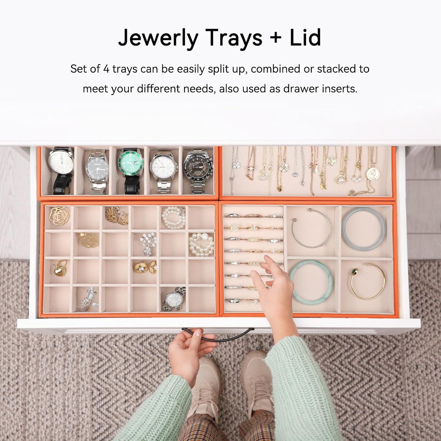 Voova Stackable Jewelry Organizer Tray with Lid, PU Leather Jewelry Storage Holder for Drawer Inserts, Jewellery Display Box Case for Earring Necklace Ring Watch Bracelet (Set of 4, Orange)