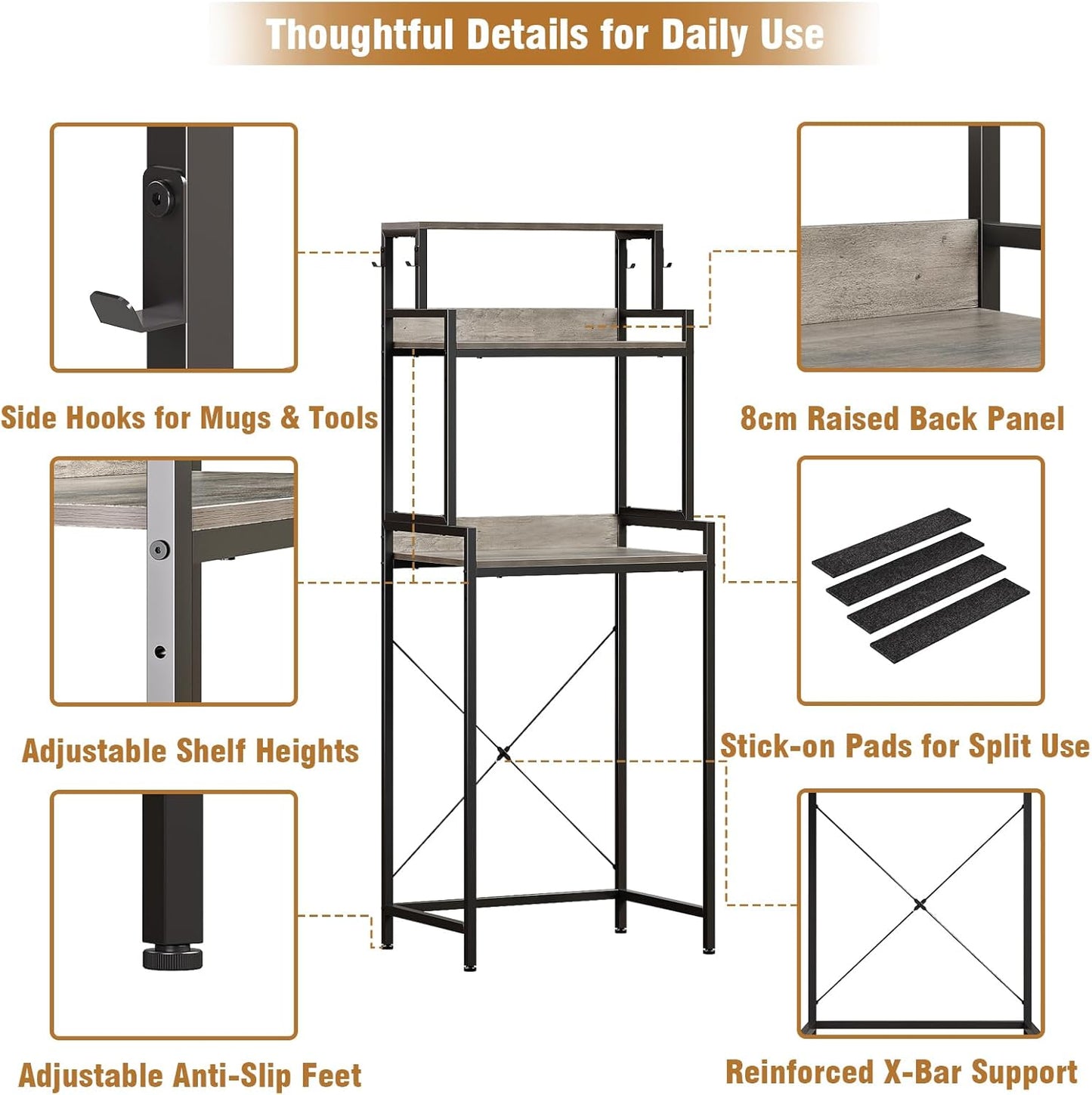 3-Tier Kitchen Bakers Rack with Adjustable Shelves, Freestanding Kitchen Microwave Stand with Storage, Split Design Coffee Bar Shelf for Home Office (Black Oak, 25.6")