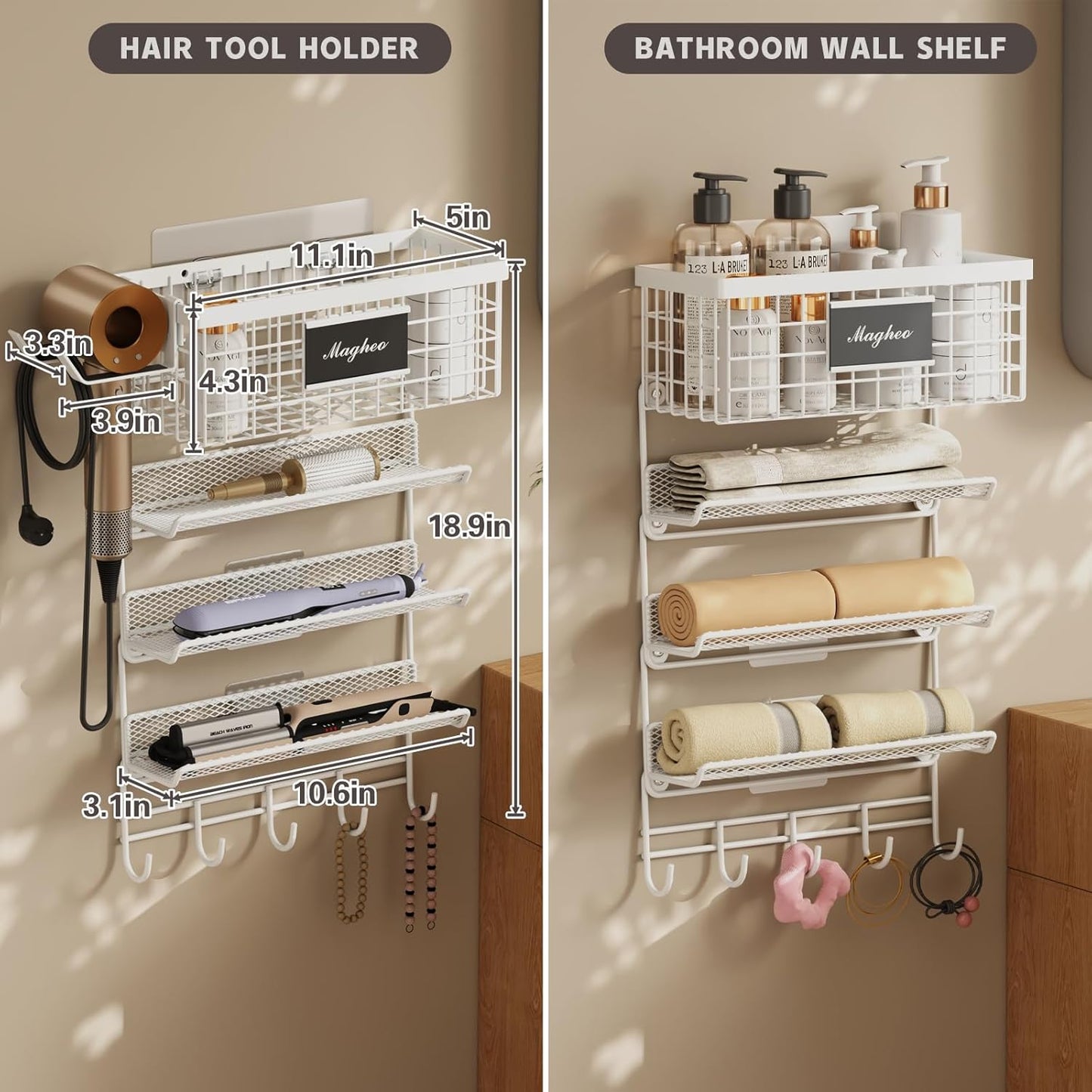 Hair Dryer Holder Wall Mounted, Adheisve Hair Styling Tool Organizer for hair Brush/Appliance Wall Mount with 5 Tier Shelf Basket Hooks Blow Dryer and Straightener Holder for Bathroom(White)