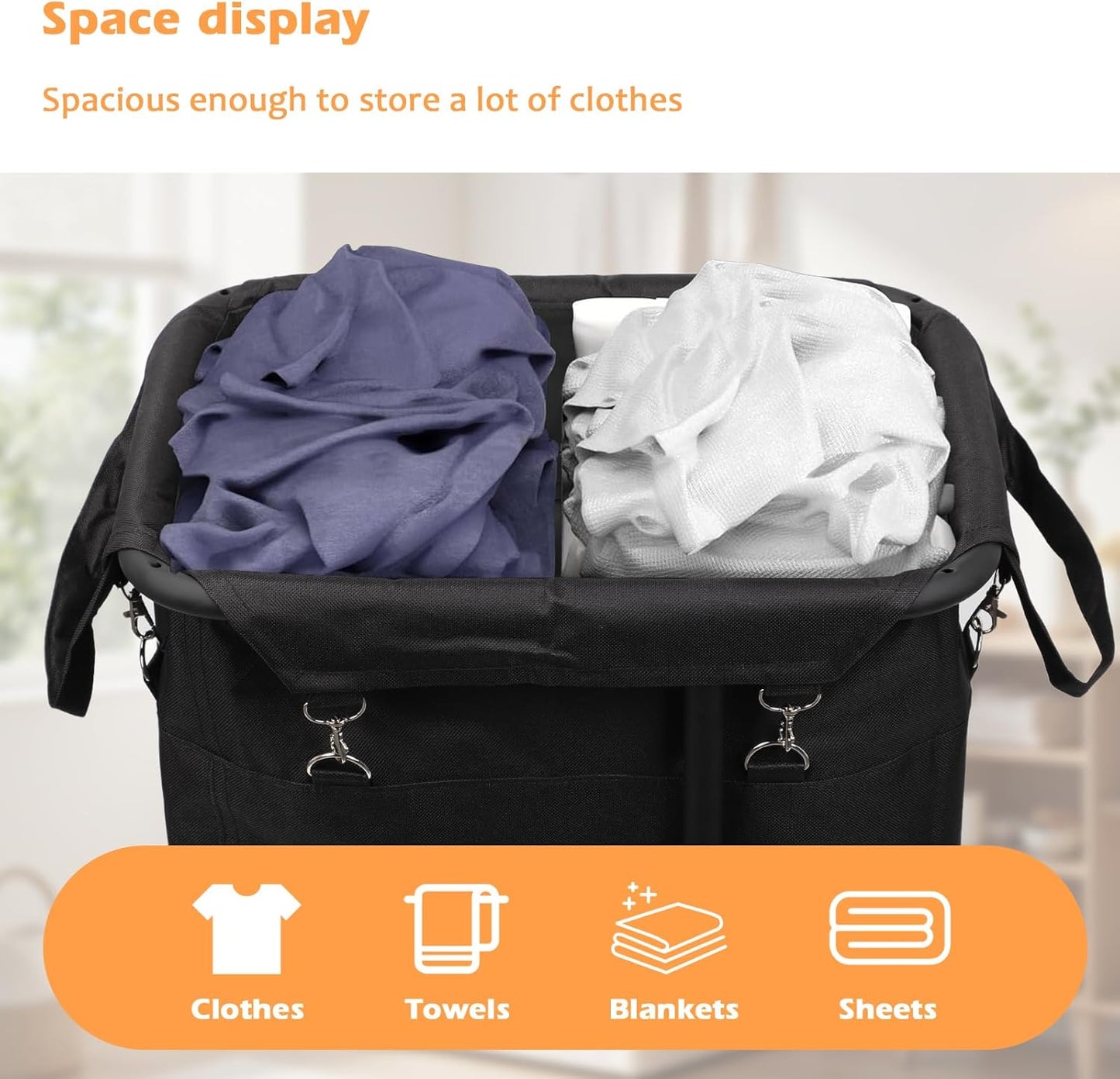 Longzhuo 47.55 Gal(180L) Rolling Laundry Basket With Wheels, Laundry Hamper With Wheels, Metal Wheeled Laundry Basket for Laundry, Hotel, Bedroom & Laundry Room Organization, Black