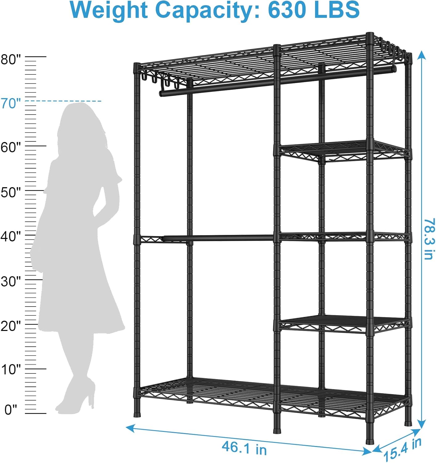 Ulif F2 Clothes Rack, 5 Tiers Heavy Duty Garment Rack for Bedroom, Freestanding Adjustable Closet Storage Organizer, 46.1" W x 15.4" D x 78.3" H, Load 630lbs, Upgraded Black