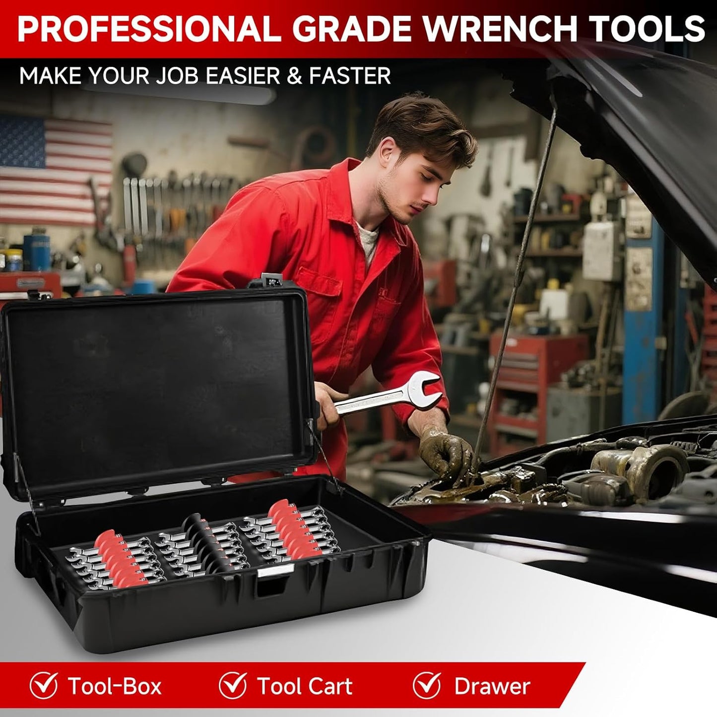48 PCS Magnetic Modular Wrench Organizers for Tool Drawers- Customizable Wrench Rack with Metric & SAE Labels, Tool Storage Holder - Gift for Professional Mechanics Men-Red