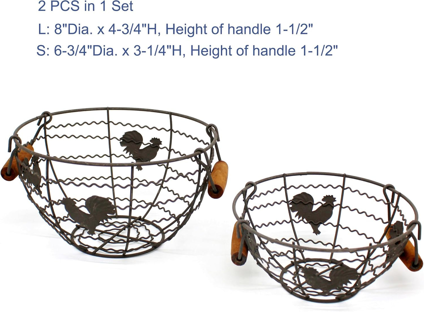 CVHOMEDECO. Round Wire Egg Baskets Rustic Fruit Baskets with Wooden Handles Farmhouse Collecting Basket. Rusty, Set of 2