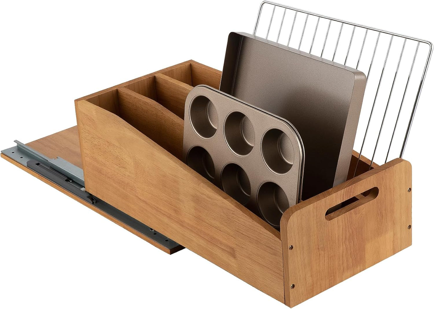 DINDON Pull Out Cabinet Organizer for Pans, Cookie Sheet, Bakeware, Cutting Board, Slide Out Kitchen Cabinet Storage Organizer Rack, 10.5''W X 21"D X 7.5"H, Wood