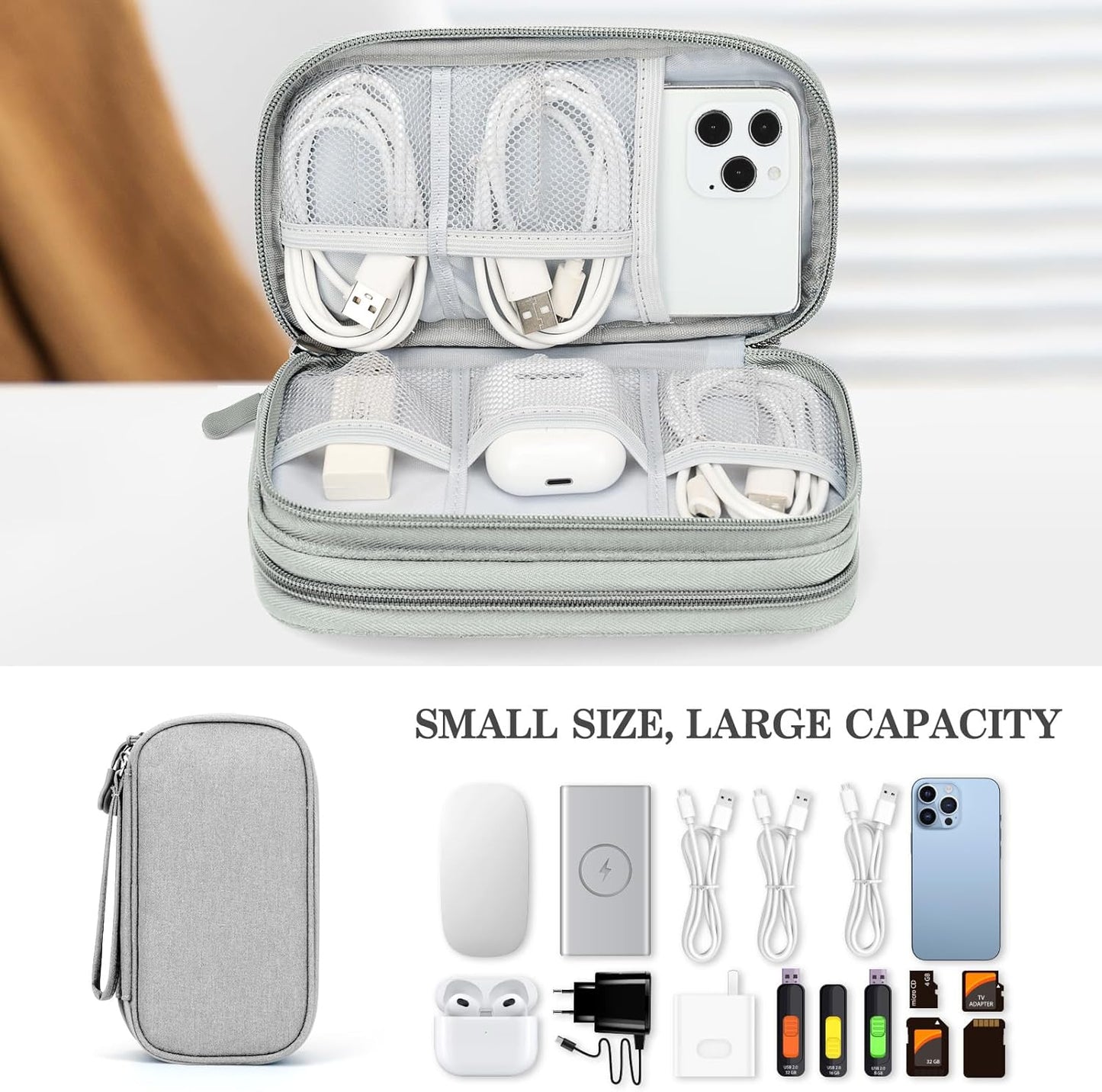 FYY Travel Cable Organizer Bag Pouch Electronic Accessories Carry Case Portable Waterproof Double Layers All-in-One Storage for Cord, Charger, Phone, Earphone Grey