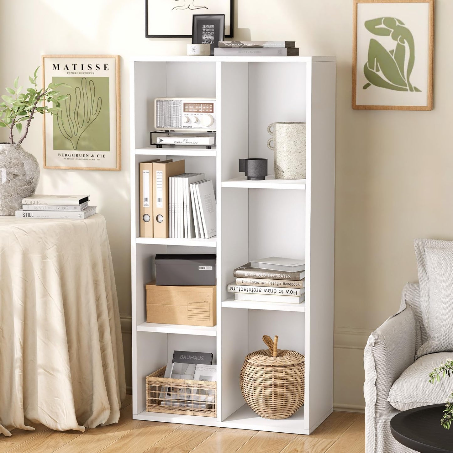 oneinmil 7 Cube Bookshelf, White Cube Organizer and Display Shelf with Storage, Stackable Bookcase for Small Space, Wooden Cube Shelf Easy to Match for Living Room, Bedroom, Study Room and Office