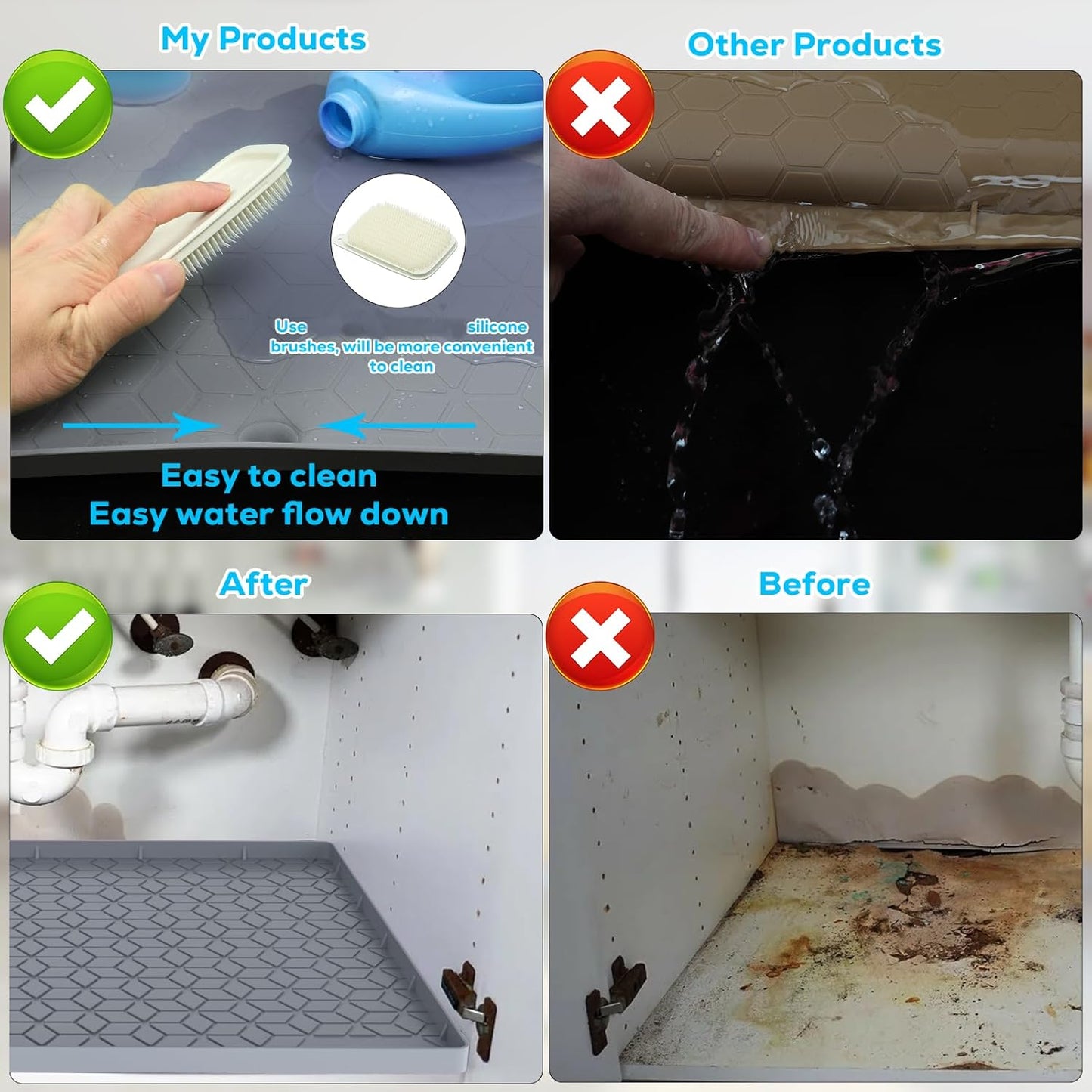 Under Sink Mat, 34"x22" Under Sink Mats for Kitchen, Silicone Waterproof Under Sink Liner, Sink Cabinet Organizer Tray with Drain Hole (Gray, 34 * 22)