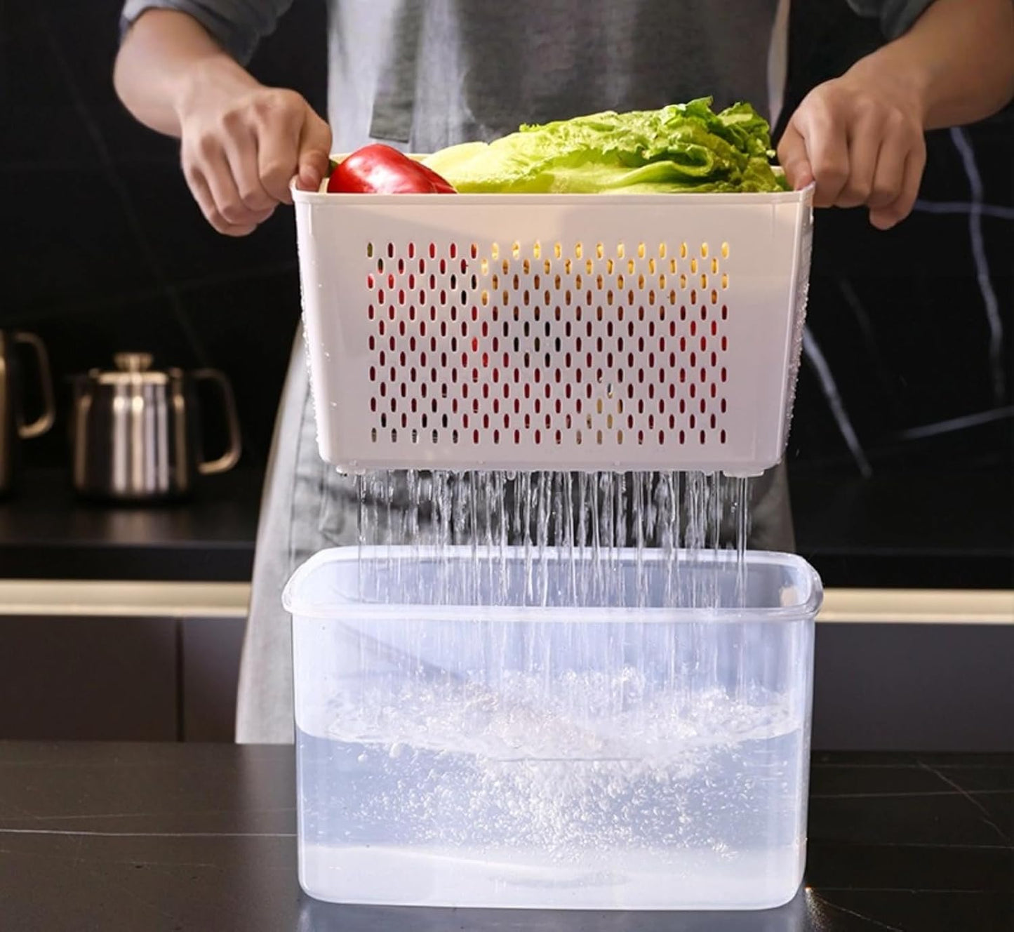 3 Pack Airtight Food Storage Containers with Lids – Refrigerator Organizer Bins with Removable Drain Basket, BPA-Free Fridge Produce Saver for Fruits & Vegetables, Stackable Kitchen Storage Boxes