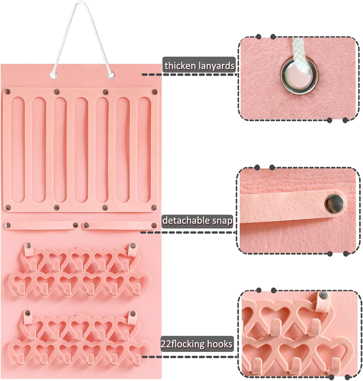 Hanging Jewelry Organizer for Girls Storage Holder Display Board Felt Wall with Detachable hooks Headband Holder Hair Clips Hair Ties Earrings Necklace Hair Clips Home Decor Pink