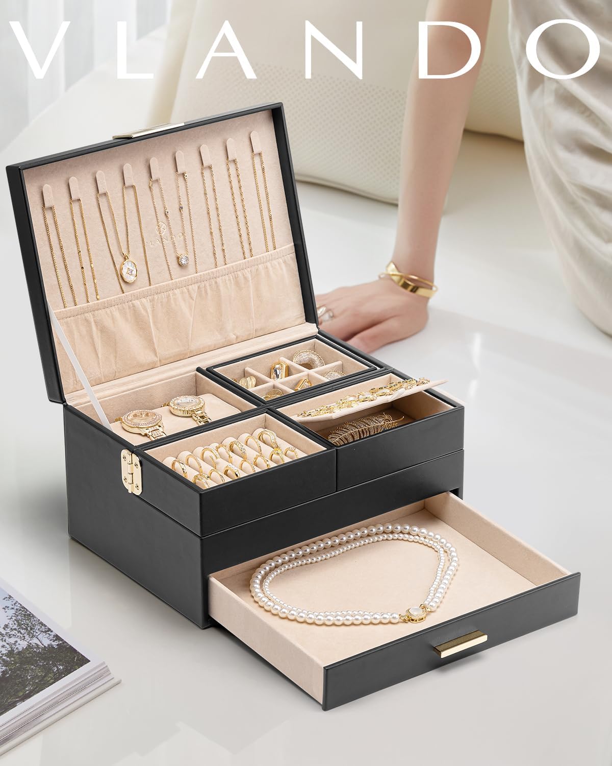 Vlando 3 Layer Jewelry Box - Women Jewelry Box with Retractable Tray - Jewelry Organizers with Drawer for Necklaces, Rings, Bracelets, Earrings, Gift for Couples Mom Girls - Black