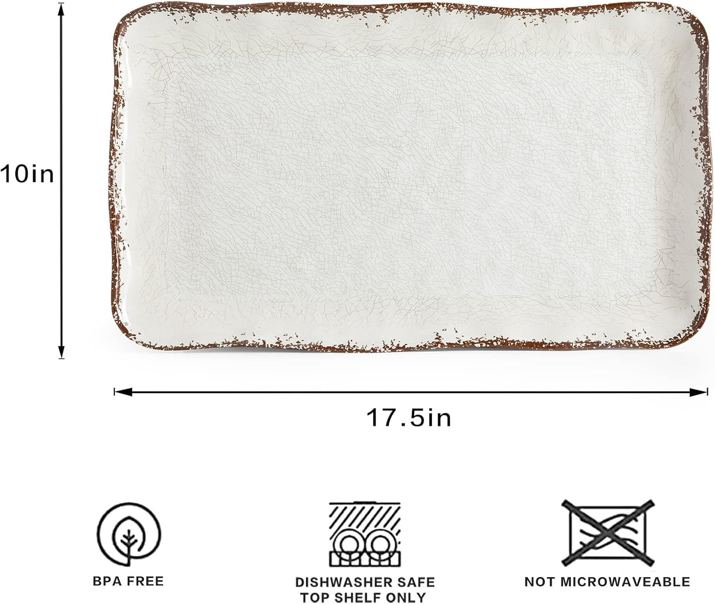 LEHAHA Farmhouse Large Serving Platters, 2 Piece Melamine Dinnerware Set, 17.5 x 10 Inches Vintage Serving Tray, Rectangle White Rustic Trays Set of 2