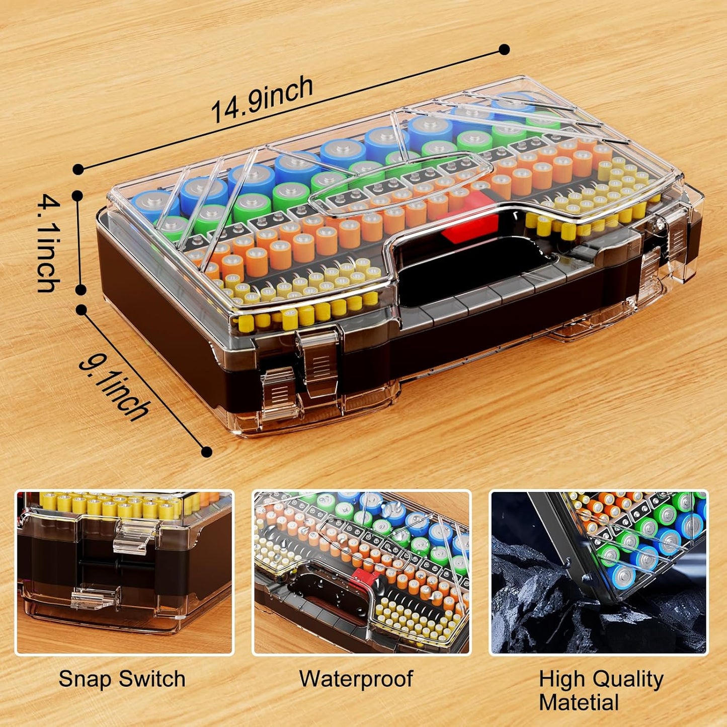 Battery Organizer Storage Holder Box Case with Tester, New Ultra-Large 285+Batteries Double-Sided Variety Pack, Holds AA AAA 4A C D 9V 3V Button Cell Lithium18650 CR2 CR123 CR1632 LR44 - Black