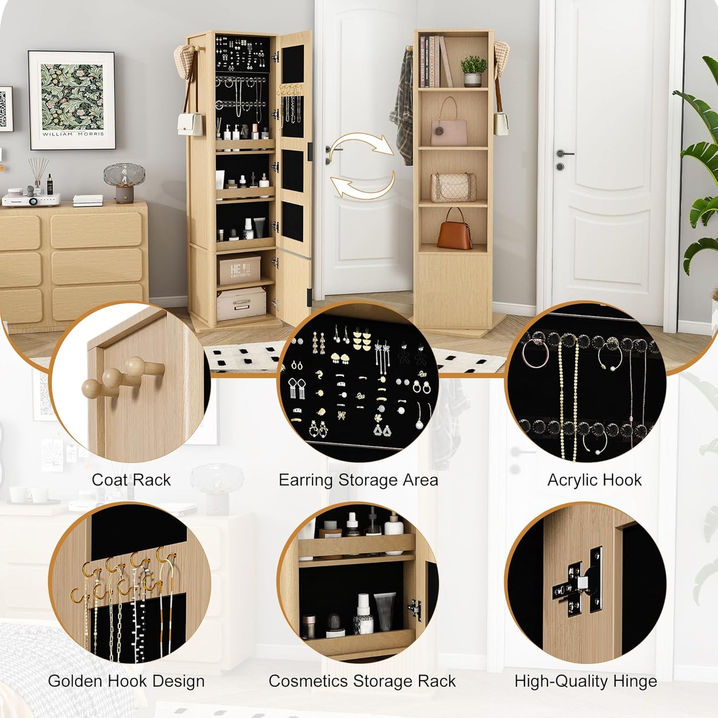 Montary 360° Rotating Makeup & Jewelry Cabinet with Full-Length Mirror - Standing Storage Organizer with Coat Rack, 4-Tier Open & Built-in Shelves, Walnut