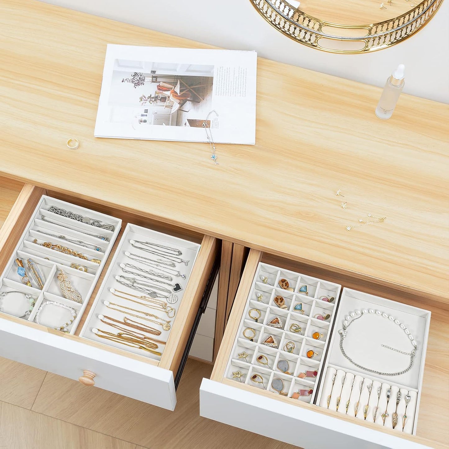 ProCase Stackable Jewelry Organizer Trays for Drawers, Jewelry Drawer Inserts Container Display Case Storage for Earring Necklace Rings Bracelet with Removable Dividers -Warmwhite, 4 Layers