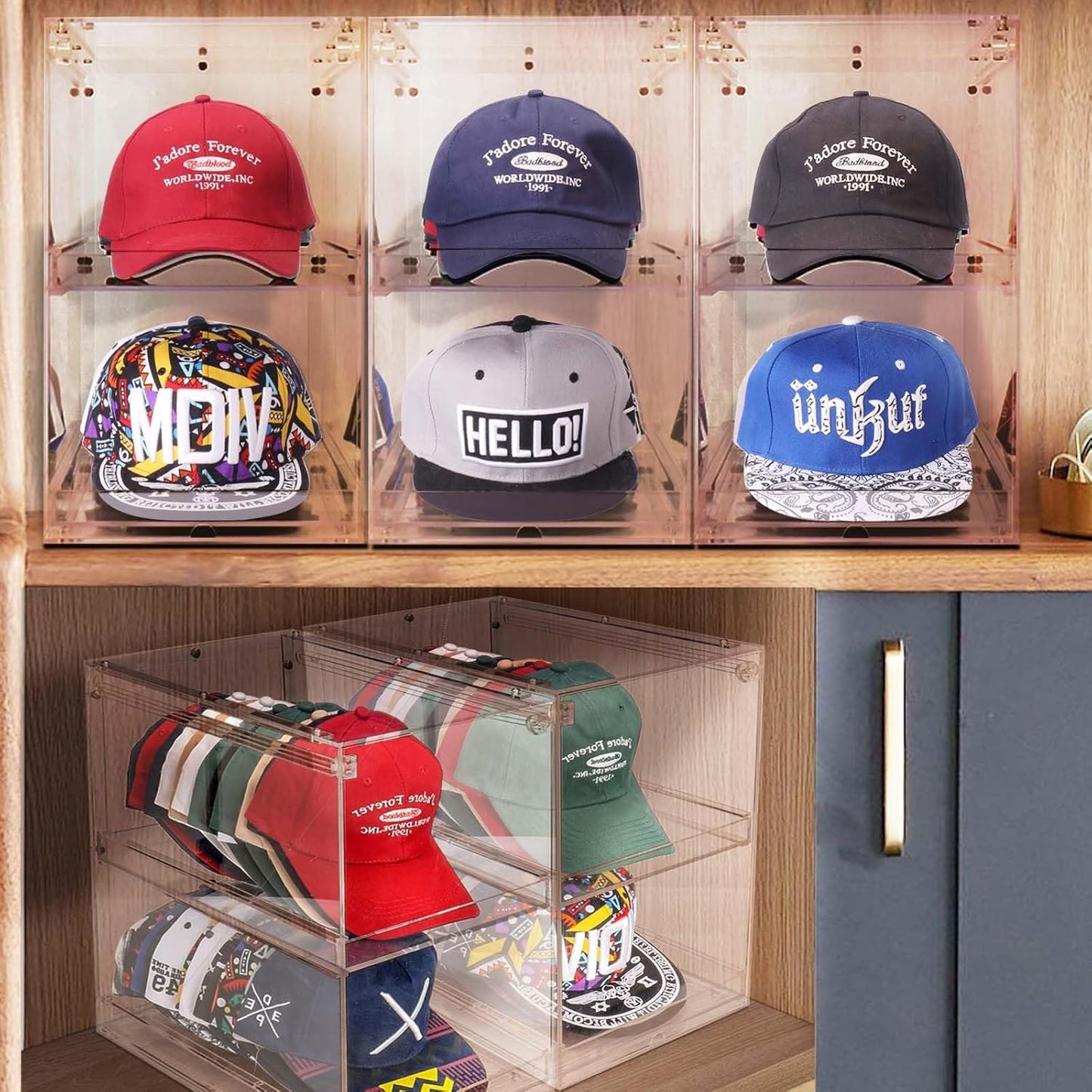 Acrylic Hat Organizer for Baseball Caps, Stackable Clear Sliding Tray & Door Panel Hat Holder Box , Large Cap Holder Organizer with Sliding Tray, Hat Racks Can Hold 30 Caps 16.6" H x 10.7" W x 15.8" D