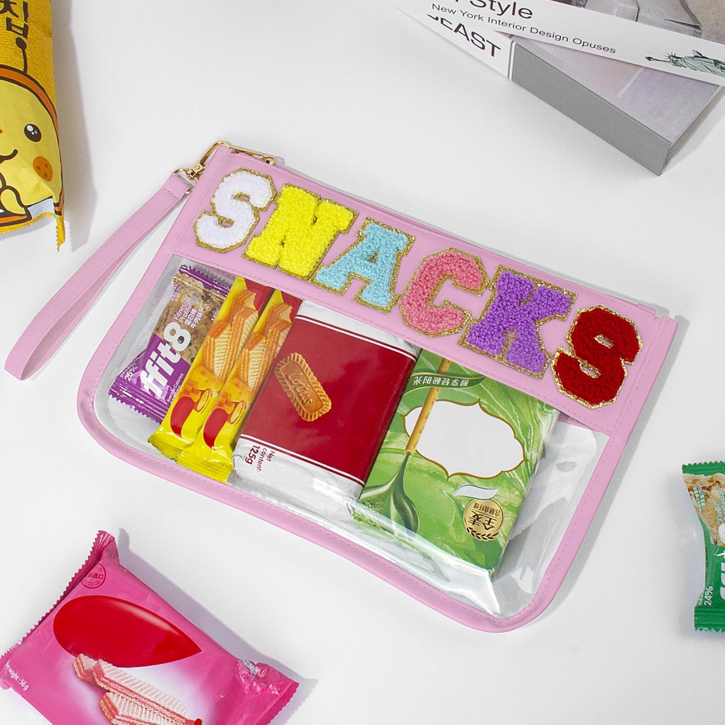 Snack Bag for Travel & Makeup - Clear Chenille Letter Zipper Pouch, Waterproof Cosmetic Tote Bag for Women & Girls (Pink)