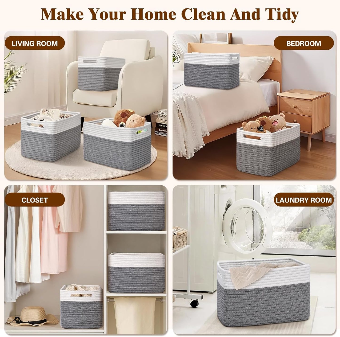 Storage Baskets for Organizing, 4 Pack Storage Baskets for Shelves, Woven Basket for Shelves, Closet Organization, Rectangle Organizer Basket Gifts Empty, 13"Lx8.7"Wx7.9"H Decorative Bins with Handles