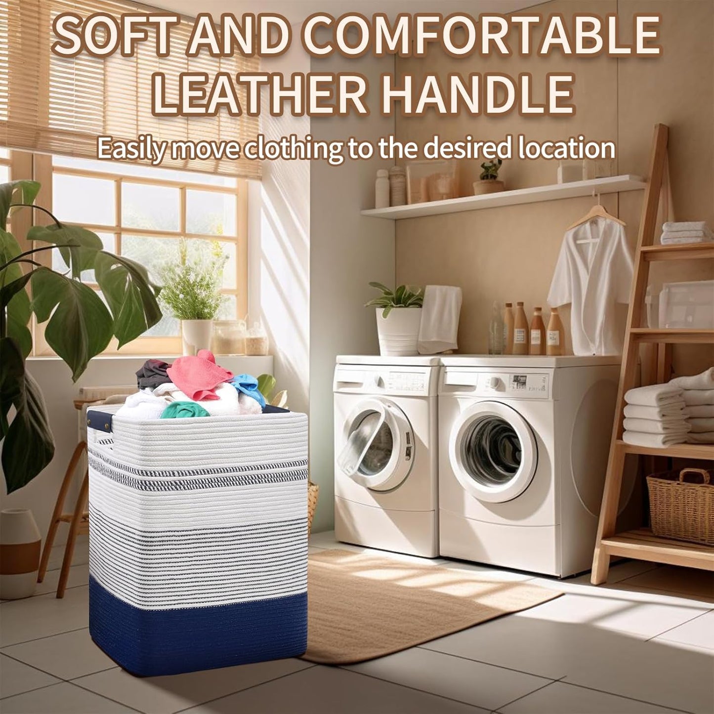 DOFASAYI Laundry Basket - 85L Large Woven Baskets for Storage - Cotton Rope Laundry Hamper, Decorative Storage Basket for Blankets, Clothes Hamper for Living Room, Bedroom, Dark Blue & White