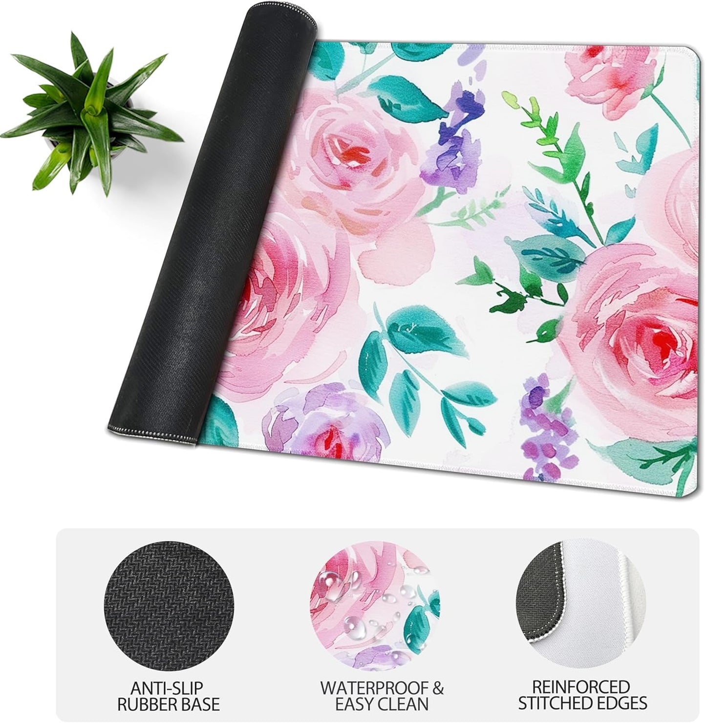 31.5”x11.8”Large Gaming Mouse Pad for Desk, Mouse Mat with Seamed Edges, Waterproof Desk Pad, Non-Slip Rubber Base, Keyboard Pad Computer Mat, Big XL Mousepad-Rose Watercolor Painting