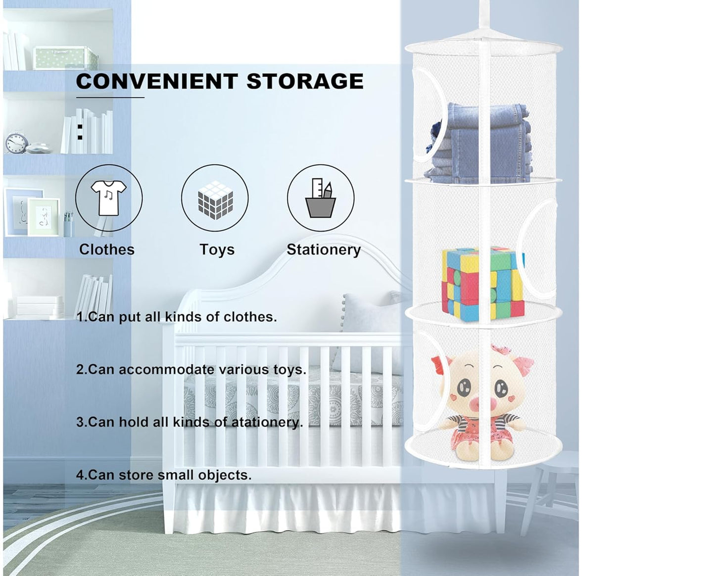 Libeder Mesh Hanging Storage Space Saver Bags Organizer,Foldable Storage Organizer 3 Compartments Toy Storage Basket for Kids Room Bathroom 2 Sets, White