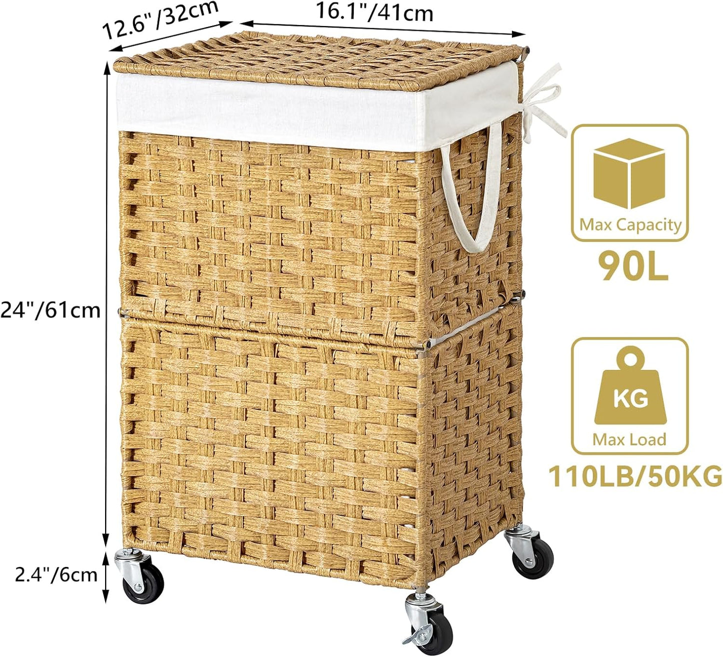 Chrislley 90L Slim Laundry Hamper with Wheels, Rolling Laundry Basket with Lid and Renovable Liner Bag, Handwoven Rattan Organizer for bedroom, bathroom, laundry room (Yellow)