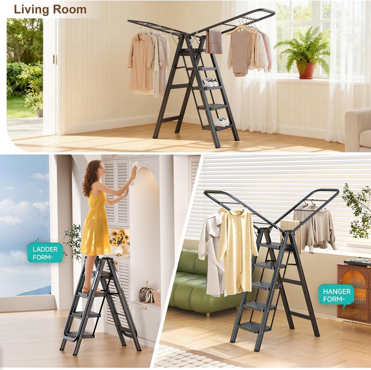 Multi-Functional 5 Step Ladder Used as Clothes Drying Rack,Sturdy Carbon Steel Ladder,Widened Pedal,Foldable & Portable Clothes Drying Rack, Space-Saving Design Indoor&Outdoor Drying (Black)